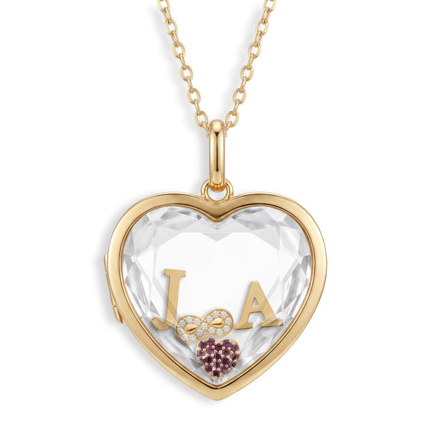 Love Story set: initials J and A with an infinity charm and a pave heart inside the heart locket