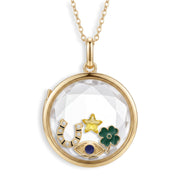 Lucky Charms set: four-leaf clover, horseshoe, evil eye and star inside the circle locket