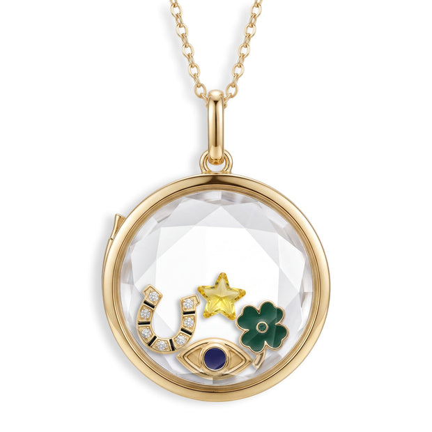 Lucky Charms set: four-leaf clover, horseshoe, evil eye and star inside the circle locket