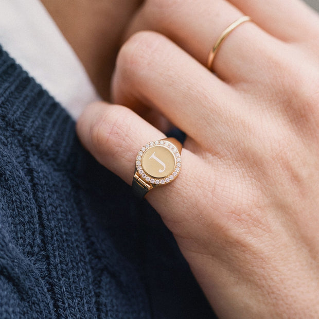 Personalized Round Halo Locket Ring, worn