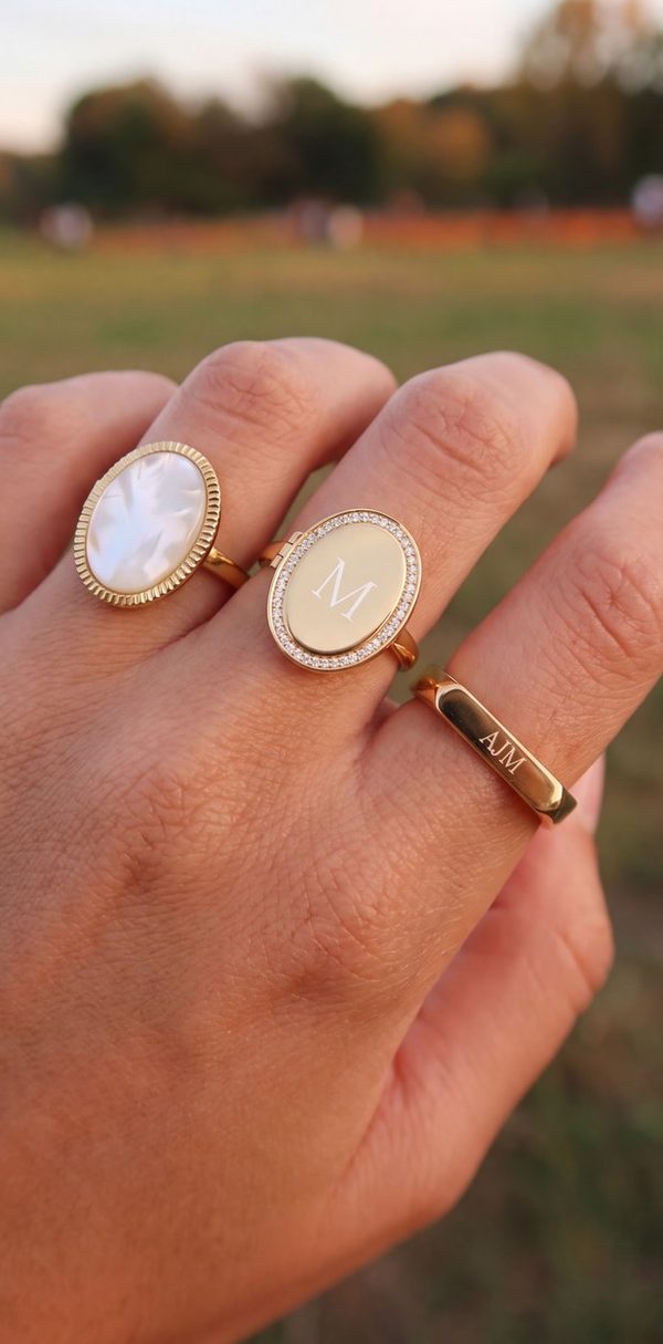 Hand wearing a mother-of-pearl locket ring, an engraved M locket ring and an engraved bar ring