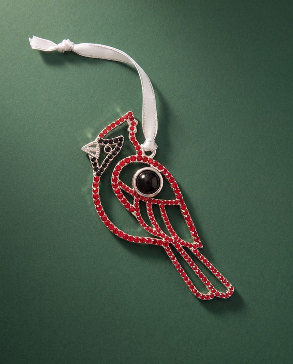 Red crystal cardinal photo ornament on a green background